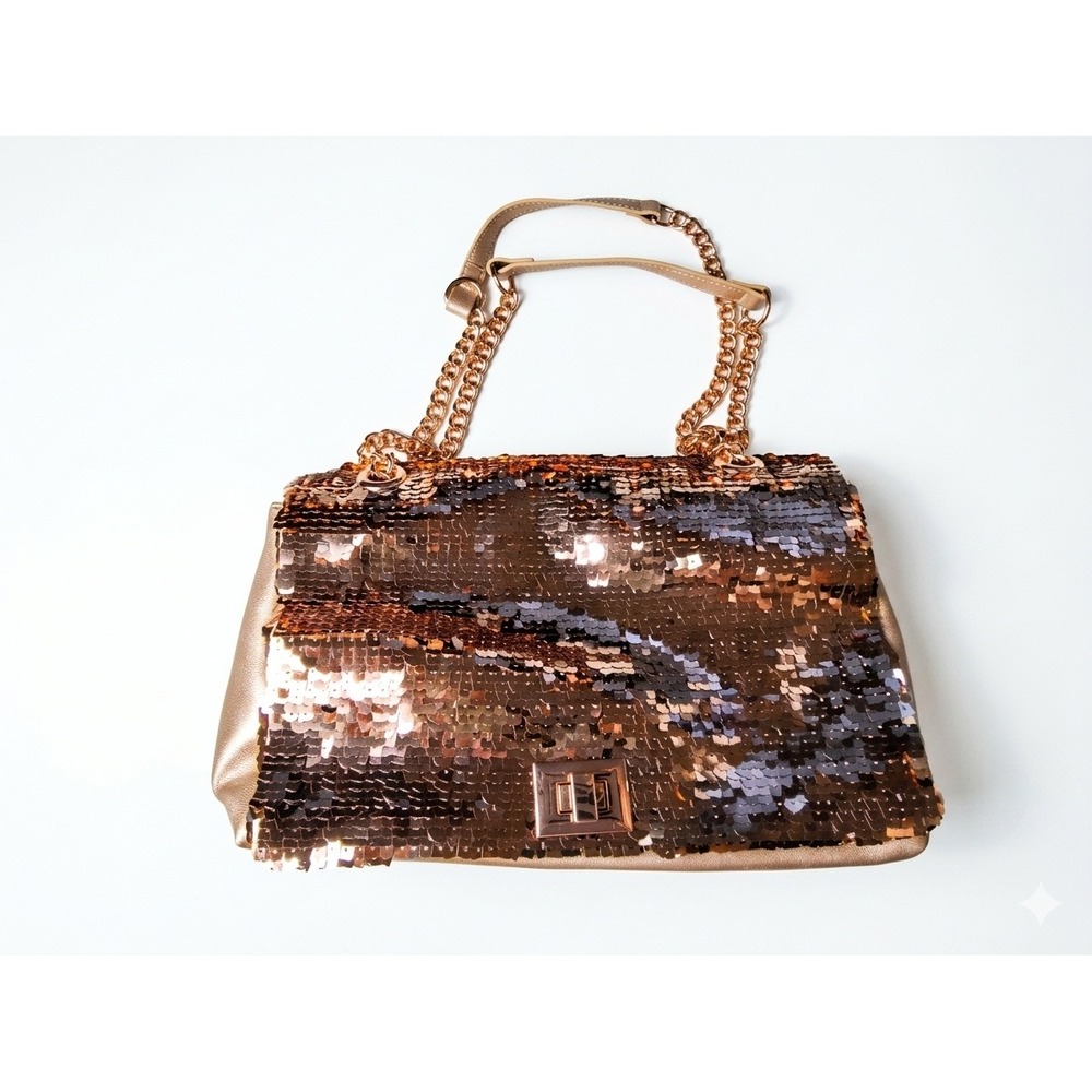 INC International Concepts Rose Gold Sequinโ Shoulder Bag Metallic Chain Strap